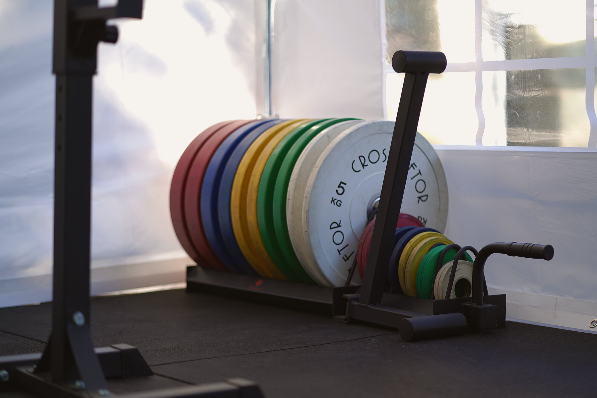 Rack de disques de musculation dans le studio