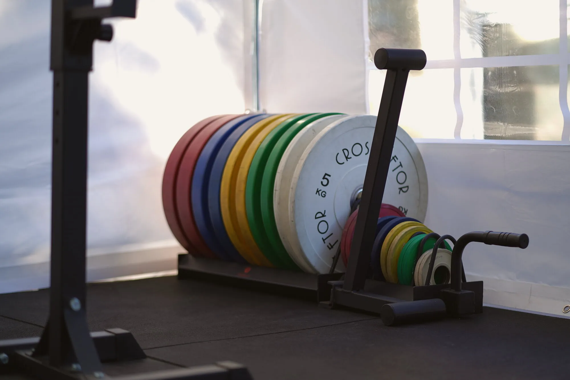 Rack de disques de musculation dans le studio