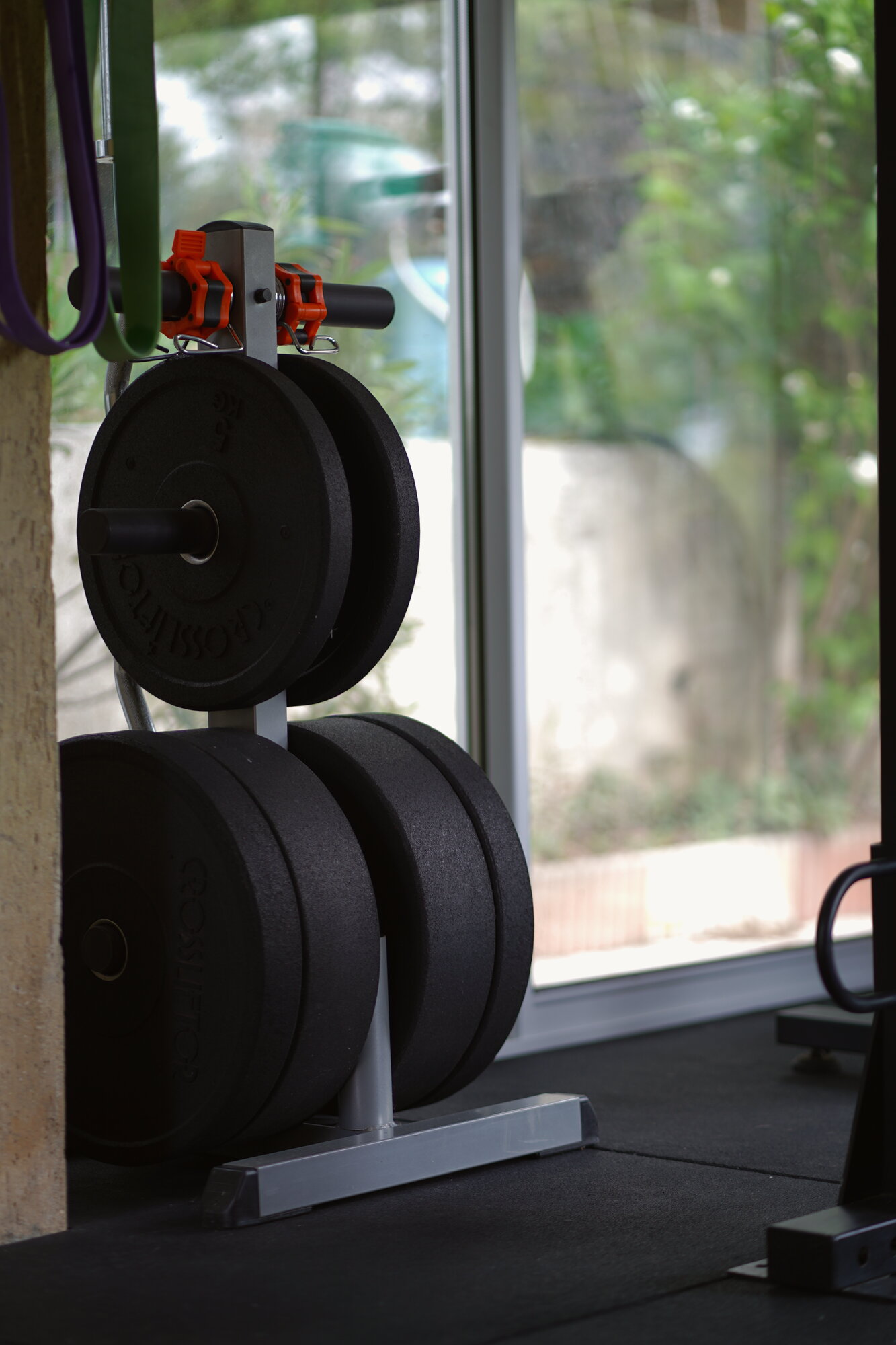 Rack de disques de musculation près de la baie vitrée du studio